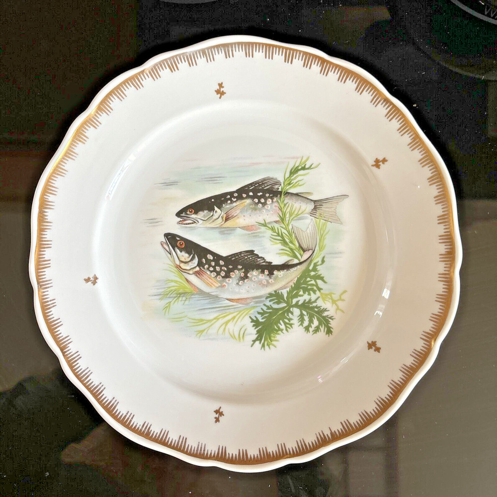 Hand Painted Fish Pattern Porcelain Dinner Plate Made In France Gold Gilt Rim